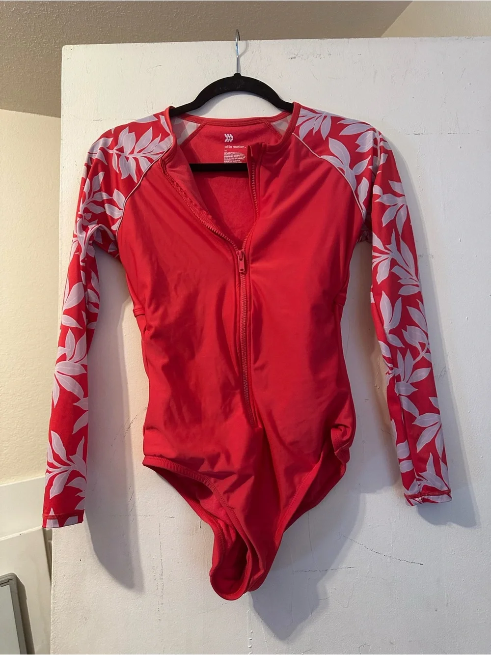 Red Long Sleeve Zip Front One-Piece Swimwear with White Leaf Print Sleeves - Picture 1 of 2